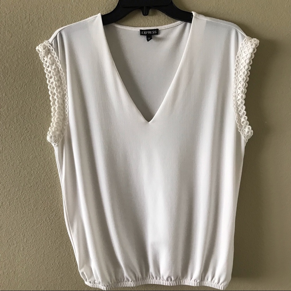 Express Crochet Trim Banded Hem V Neck Top